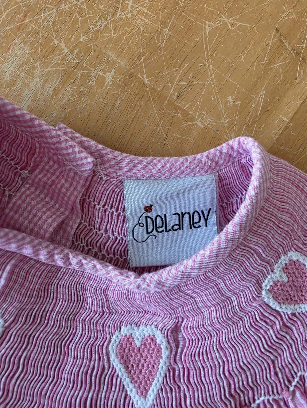 DELANEY Girls Size 6 Pink Gingham Smocked Bishop Dress Heart Embroidery Boutique